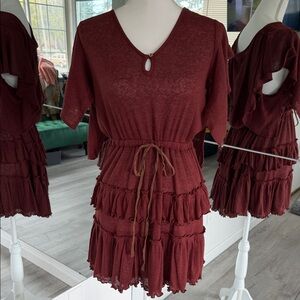 Free People Wine Tiered Tie-Waist Mini Dress